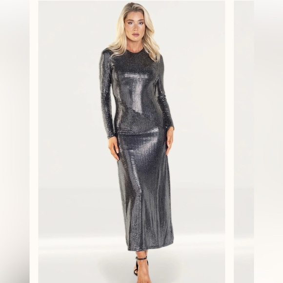 NWT Bardot Mirror Sequin-Embellished Sequins
Column Long Sleeve Silver Dress M - Picture 2 of 7